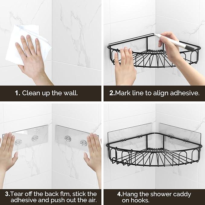 Orimade Corner Shower Caddy with 2 Hooks Wall Mounted Metal Bathroom Shelf Storage Organizer Adhesive No Drilling 2 Pack, Black Only for 90-Degree Corner - ModernBath