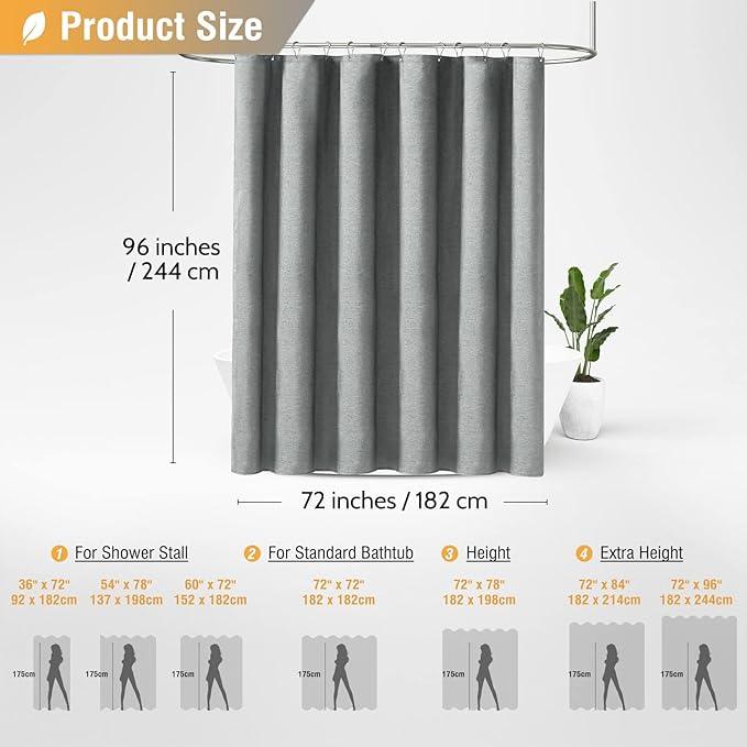 BTTN Fabric Shower Curtain, Linen Textured Heavy Duty Polyester Cloth Shower Curtain Set with Plastic Hooks, Grey, 72x96 - ModernBath