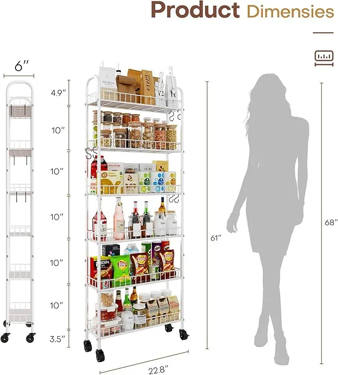 6 Tier Slim Rolling Storage Cart with Wheels, Metal Mobile Shelving Unit Organizer Utility Cart for Office Bathroom Kitchen Laundry Room Narrow Places (White 6 Inches) - ModernBath