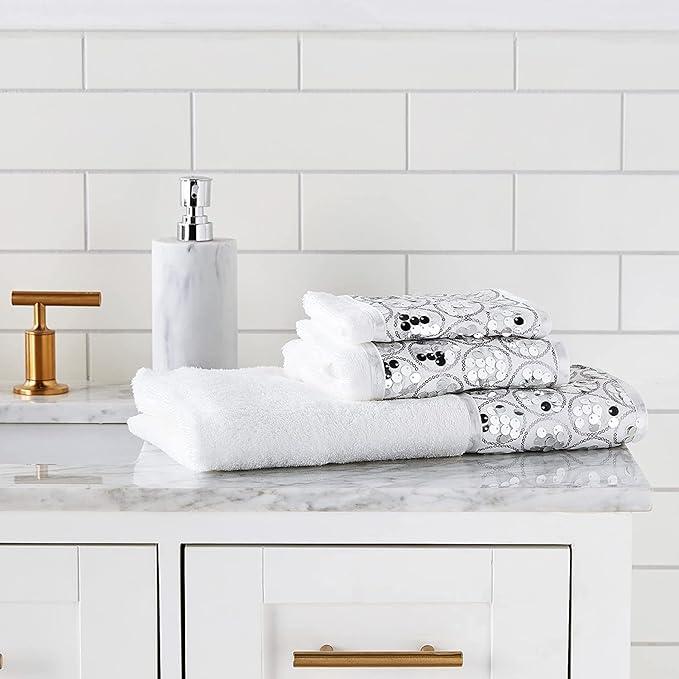 Zahari Home Sinatra Modern Bathroom Towel Set - 3 Piece Luxury Contemporary Decor Bling White Bath Towel Sets Soft, Plush and Highly Absorbent - ModernBath