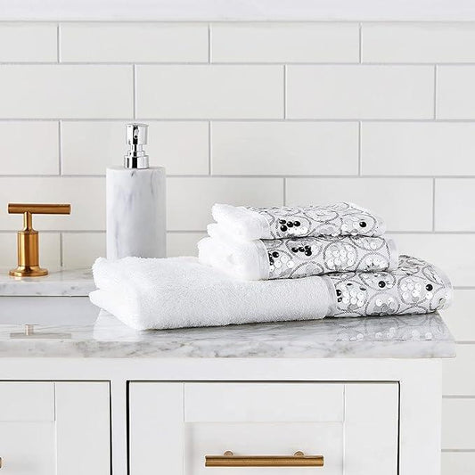 Zahari Home Sinatra Modern Bathroom Towel Set - 3 Piece Luxury Contemporary Decor Bling White Bath Towel Sets Soft, Plush and Highly Absorbent - ModernBath
