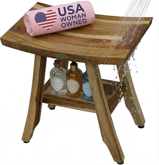 EcoDecors 18" Satori Teak Shower Bench –Compact Bath Seat, Natural Wood Finish Water-Resistant Spa Bench | Slatted Design & Adjustable Feet for Indoor Outdoor Use | Storage Shelf - ModernBath