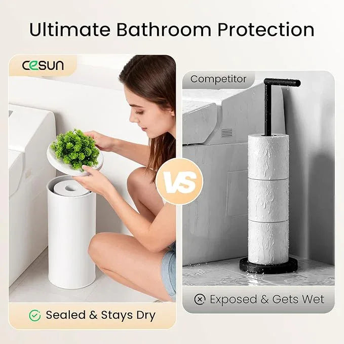 Cesun Toilet Paper Storage Bin, Enclosed Toliet Paper Holder with 3-Roll Capacity, White Stainless Steel Canister with Decorative Green Plant Lid - ModernBath