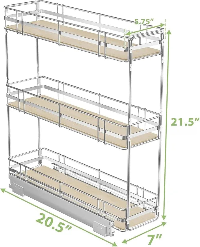 ROOMTEC 3-Tier Pull Out Cabinet Organizer Spice Rack for Narrow Cabinet 7" W x 20½" D, Slide Out Wood Shelves Storage for Kitchen - ModernBath