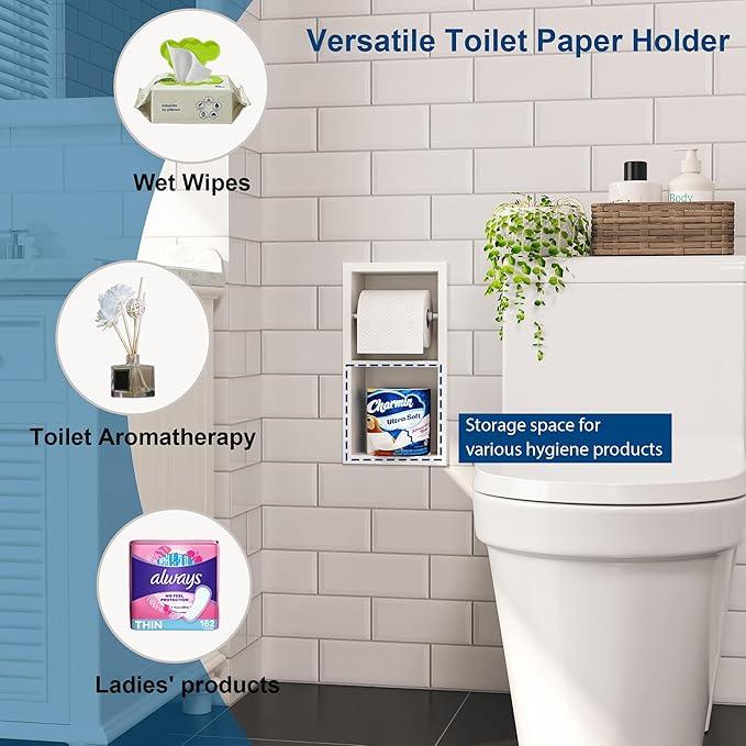 Recessed Toilet Paper Holder, 304 Stainless Steel Bathroom Toilet Paper Holder with Storage, in Wall Tissue Toilet Roll Holder, Matte White - ModernBath