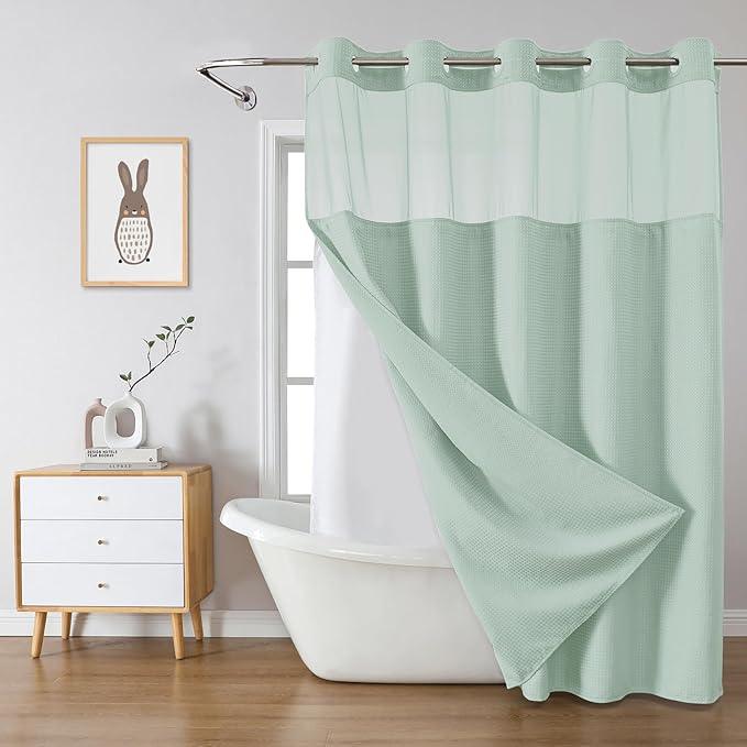 eachope MintGreen Extra Long No Hook Waffle Weave Shower Curtain with snap-in Liner Replacement, 230GSM Waterproof Fabric Hotel Shower Curtain Set for Bathroom, Through Mesh Top Window,71Wx86H - ModernBath