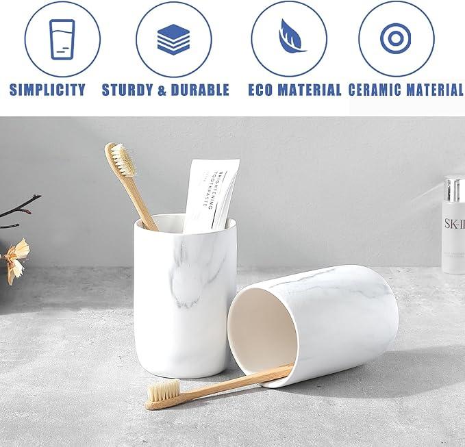 Marble Toothbrush Holders for Bathrooms - 1 Cups Ceramic Toothbrush Toothpaste Holders, White Marble Bathroom Tumbler Cups Reusable Toothbrush Mouthwash Cup, Bathroom Counter Organizer. - ModernBath