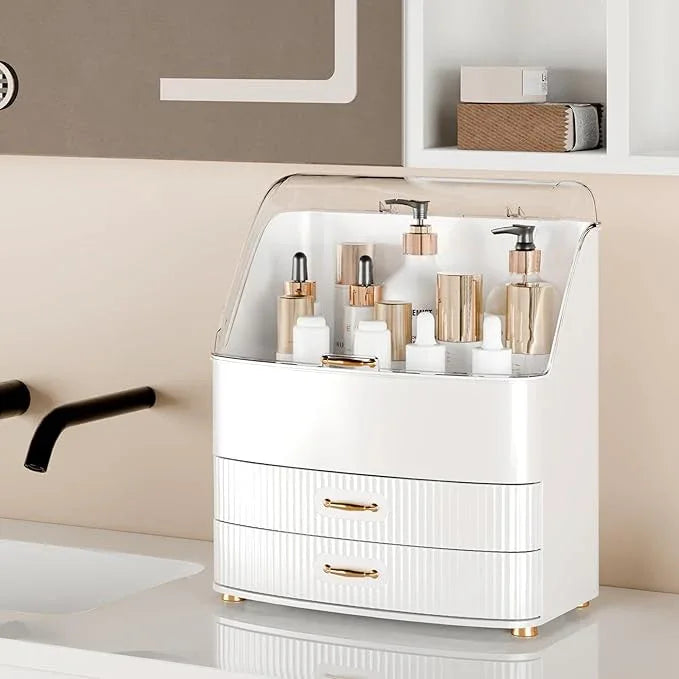 Plukers Makeup Organizer Countertop Vanity with Transparent Lid Drawers Waterproof Dustproof Cosmetic Skincare Bathroom Storage Gift for Women Teens Girls (Whtie) - ModernBath