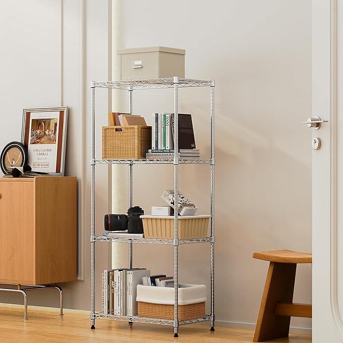 1000 lbs 4Tier Shelf Metal Storage Shelves Wire Rack Closet Organizers with Wheel for Garage Kitchen Bathroom Laundry Chrome 13.7" D x 23.6" W x 53.4" H - ModernBath