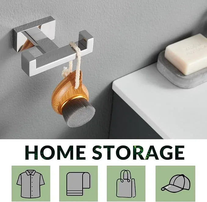 APLusee Square Double Towel Hook, 304 Stainless Steel Dual Coat Holder, Modern Bathroom Kitchen Storage Hanger Wall Mounted, Polished Chrome - ModernBath