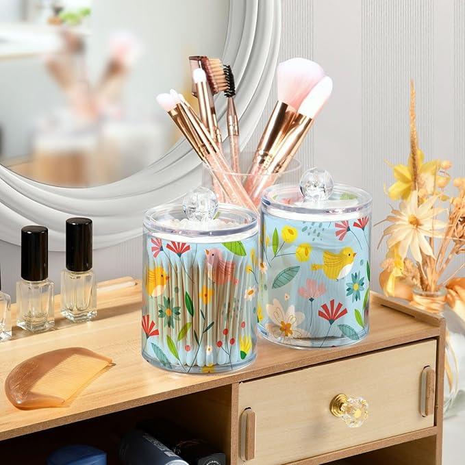 Tatenale Qtip Holder Bathroom Set Q tip Cotton Ball Swab Pad Dispenser Container Organizer Plastic Jars with Lids Storage 2Pack Cute Floral Birds Blue - ModernBath