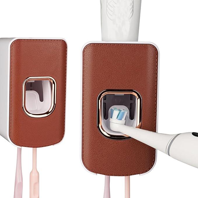 2 Slot Toothbrush Holder and Toothpaste Dispenser Wall Mounted, Automatic Toothpaste Squeezer, 2 in 1 Tooth Brush Toothpaste Organizer for Shower (Brown 2Pack) - ModernBath
