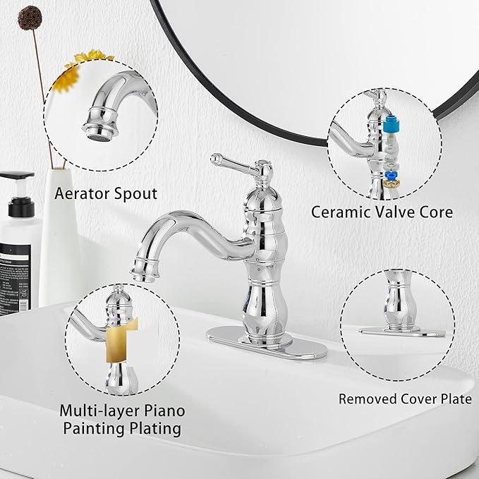 Chrome Bathroom Faucet GGStudy 360° Swivel Bathroom Vanity Faucet Single Handle One Hole Bathroom Sink Faucet Basin Matching Pop Up Drain with Overflow - ModernBath