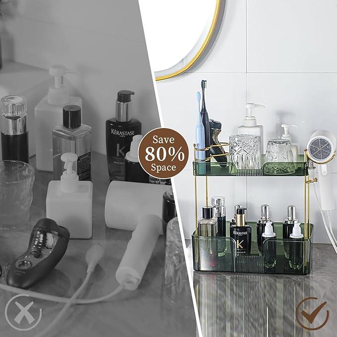 YCIA&DONE Luxury Bathroom Counter Organizer, Large Makeup Organizer Countertop, Shelf Organizer, Vanity Tray, Easily Assemble for Bathroom Organizers and Storage, Undersink, Cabinet, 2 Tiers Green - ModernBath