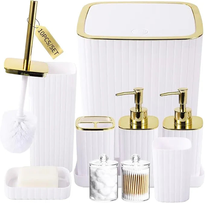 XLHOMO Bathroom Accessories Set - Gorgeous Bathroom Set, 10PC White Bathroom Accessory Set, Toilet Brush, Trash Can, Qtip Holder Dispenser & Soap Dispenser - ModernBath
