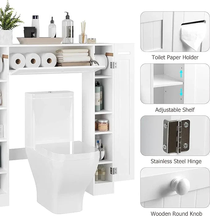 Over The Toilet Storage Cabinet, Bathroom Space Saver with Paper Holder and Adjustable Shelves, Freestanding Toilet Cabinet Organizer with 2 Side Doors and Pull-Down Door, White - ModernBath
