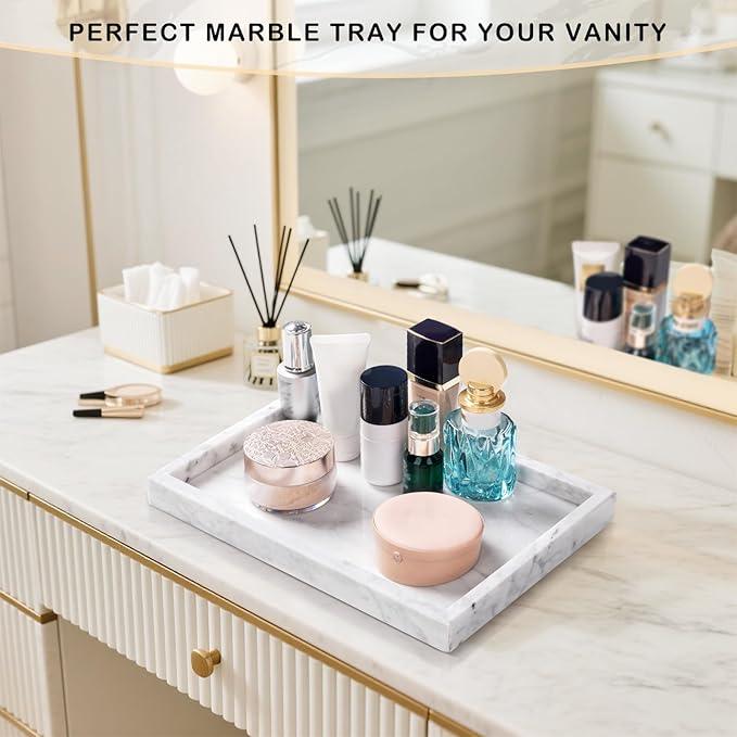 Homaura Marble Bathroom Tray for Countertop & Home Decor, Natural Decorative Marble Tray for Jewelry & Perfume Organizer, Luxury Stone Vanity Trays for Dresser, Kitchen Counter, 12" x 8", White - ModernBath
