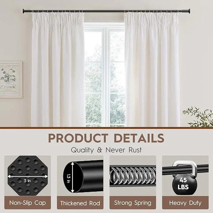 ZYKORT Tension Curtain Rod 51-148In (4.25-12Ft), Outdoor Curtain Rod No Drilling for Patio Window, Adjustable Spring Shower Curtain Rod for Bathroom, Never Rust, Tool-Free, Rod Diameter 1.26 In, Black - ModernBath