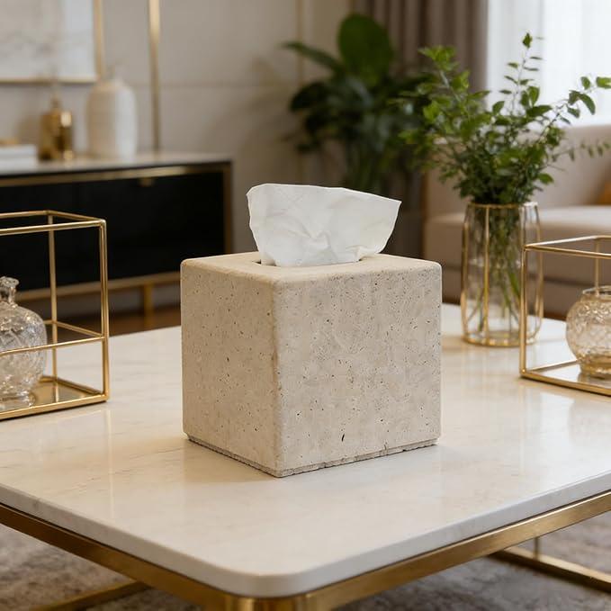 Travertine Tissue Box Cover, Heavy Duty Nature Stone Tissue Box Holder, Decorative Luxurious Travertine Square Toilet Tissue Box for Bathroom, Bedroom, Living Room, Office - ModernBath