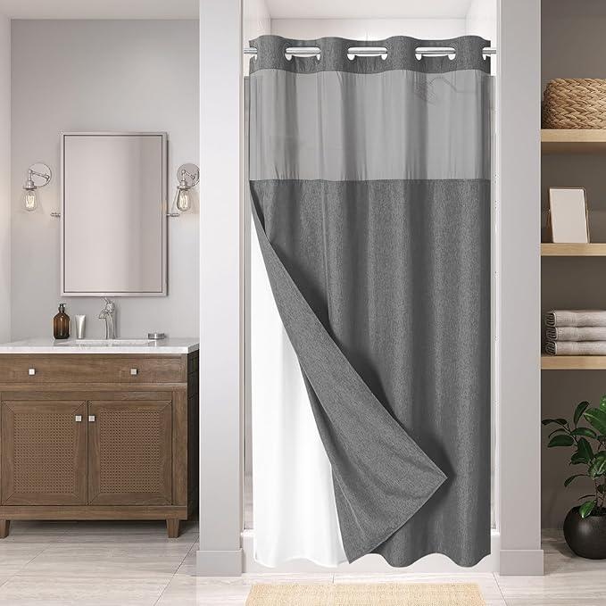 eachope Stall No Hooks Needed Linen Textured Shower Curtain with Snap-in Fabric Liner Set,Hotel Luxury Decor Farmhouse Shower Curtains for Bathroom,Waterproof & Washable,54Wx80H,Charcoal Grey - ModernBath