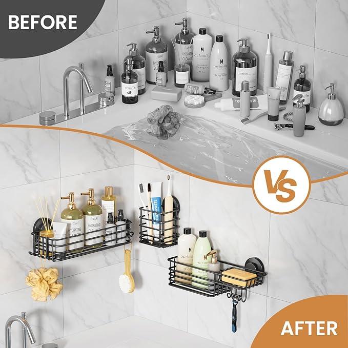 LEVERLOC Shower Caddy Suction Cup, 3 Pack Heavy Duty Bathroom Organizer for Inside Shower with Hooks & Soap Holder, Removable Bathroom Organizer, Rustproof Black Holder Storage - ModernBath