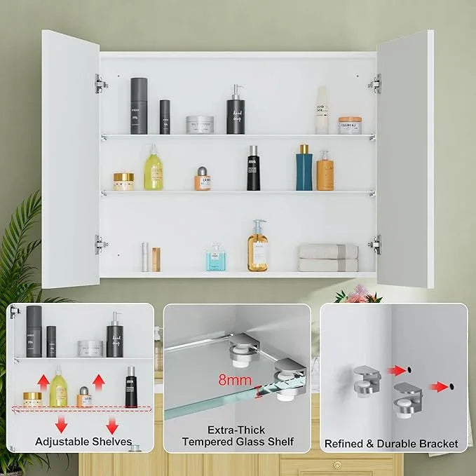 Buruis 36" x 30" Framed Medicine Cabinet with Mirror, Recessed or Wall Mounted Bathroom Cabinet, Adjustable Tempered Glass Shelves, Left/Right Open Reversible, No Assembly Required, White - ModernBath