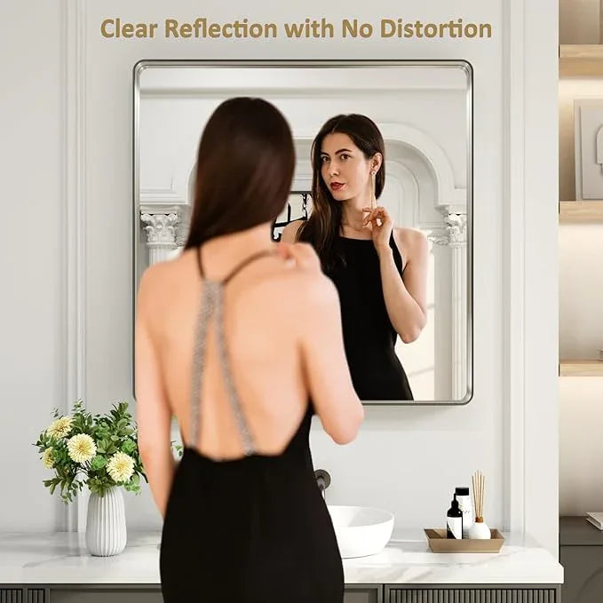 LOAAO 30X30 Inch Brushed Nickel Bathroom Mirror, Rounded Rectangle Silver Metal Frame Mirror, Brushed Nickel, Anti-Rust, Shatter Proof, Hangs Horizontally or Vertically - ModernBath