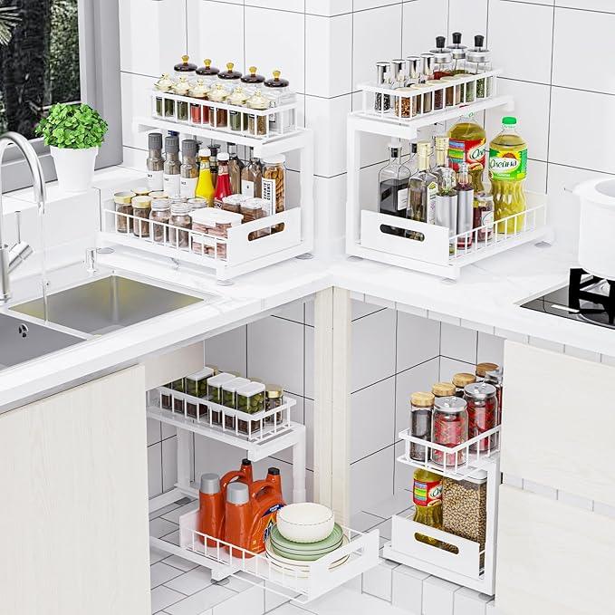 2 Pack Under Sink Organizer, Heavy Duty Metal Slide Out Sink Shelf Organizer Height Adjustable, Multi-Purpose Storage Shelf for Kitchen Bathroom (White,2Pack) - ModernBath