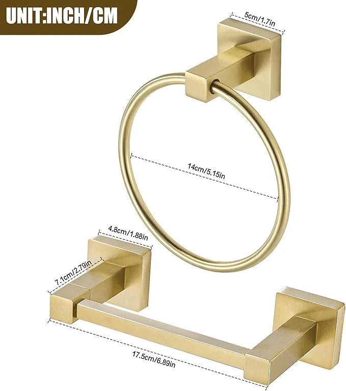 BigBig Home Gold Toilet Paper Holder Towel Ring, Brushed Gold Hand Towel Holder Bathroom Hardware Accessories Wall Mount Double Post Toilet Tissue Roll Holder Square 2 Pieces Set - ModernBath