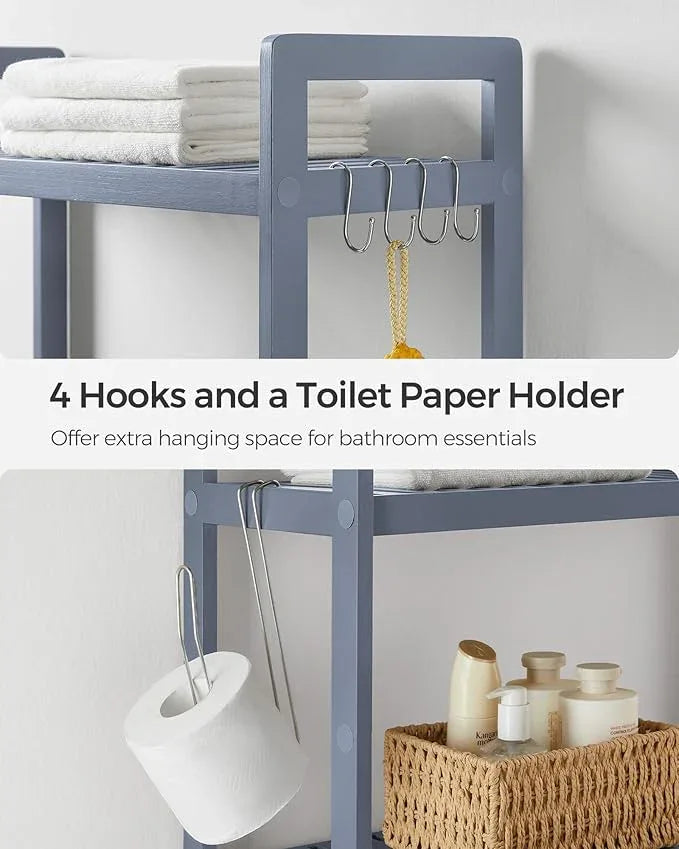 SONGMICS Over The Toilet Storage, 3-Tier Over Toilet Bathroom Organizer with Adjustable Shelf, 10.2 x 24.8 x 66.9 Inches, Space-Saving, Gray UBTS001G01 - ModernBath