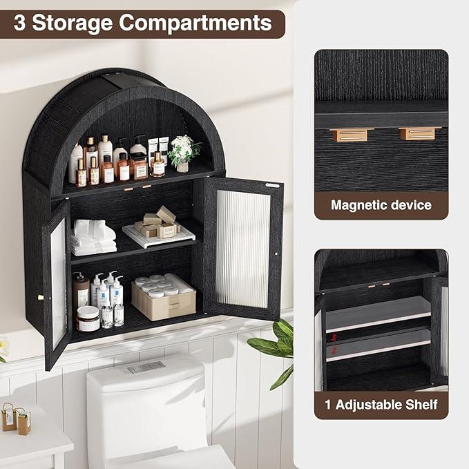 Arched Bathroom Cabinet, Wall Mounted Bathroom Cabinet with Tempered Glass Doors and Adjustable Shelf, for Kitchen, Living Room, Laundry Room, Restroom, Black - ModernBath