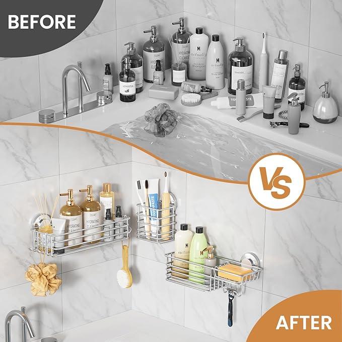 LEVERLOC Shower Caddy Suction Cup, 3 Pack Heavy Duty Bathroom Organizer for Inside Shower with Hooks & Soap Holder, Removable Bathroom Organizer, Rustproof Silver Holder Storage Storage,Silver - ModernBath