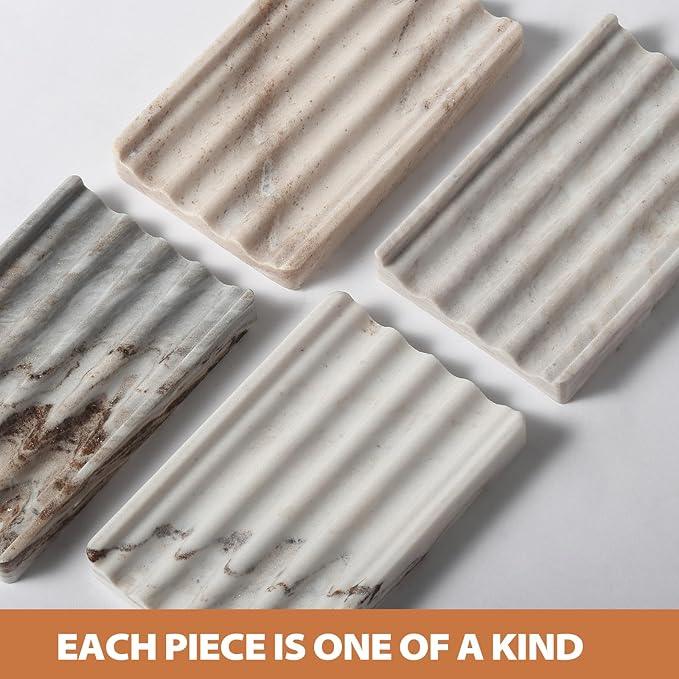 2PCS Koville Italian Natural Marble Soap Dish for Shower, Multi-Color Stone Soap Tray for Bathroom, Bar Soap Holder for Sink, Stripe Grooves Soap Saver Sponge Holder (White/Brown Random) - ModernBath