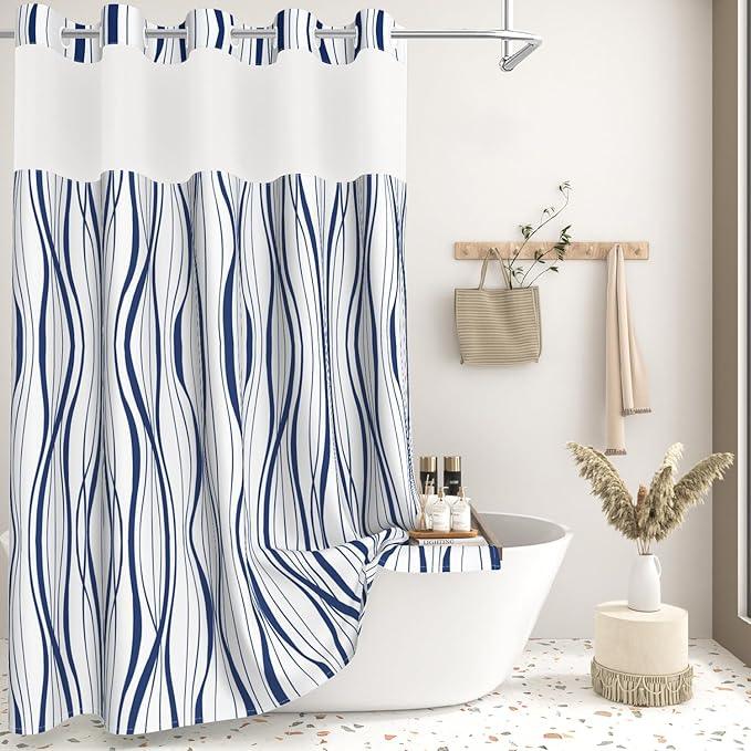 Abstract Blue Striped Shower Curtains for Bathroom, Waterproof Double Layers Fabric Printed No Hook Shower Curtain and Liner Set, Modern Geometric Hotel Luxury Decor Bathroom Curtain, 71x74 Inch - ModernBath