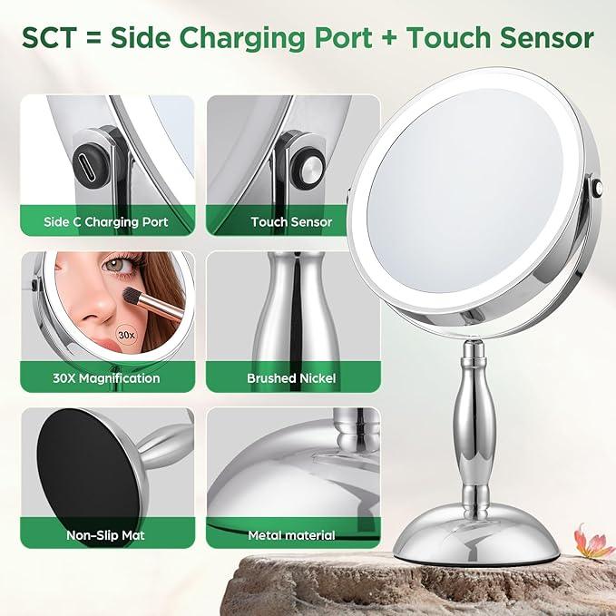 DASLAVA 30x Magnifying Mirror, Lighted Makeup Mirror with 3 Colors Modes & Adjustable Brightness, 5000mAh Rechargeable, 360° Rotation Double Side, Large Magnifying Vanity Mirror, Gifts for Women - ModernBath