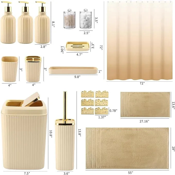 WSBArt 32PCS Bathroom Accessories Set Bathroom Set,Beige Shower Curtain Set,Bath Towel Set,Hand Towel,Toilet Brush,Trash Can & 3PCS Soap Dispenser - ModernBath