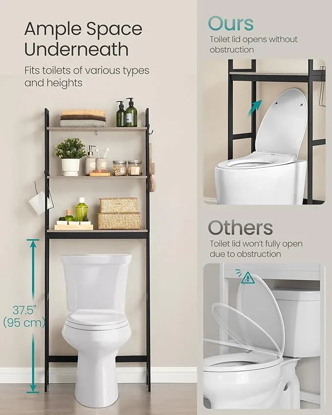 SONGMICS Over-The-Toilet Storage, 3-Tier Bathroom Organizer Over Toilet with Adjustable Shelves, Hooks, Bamboo, Freestanding Space Saver Bathroom Shelves, Heather Greige and Ink Black UBTS012W01 - ModernBath