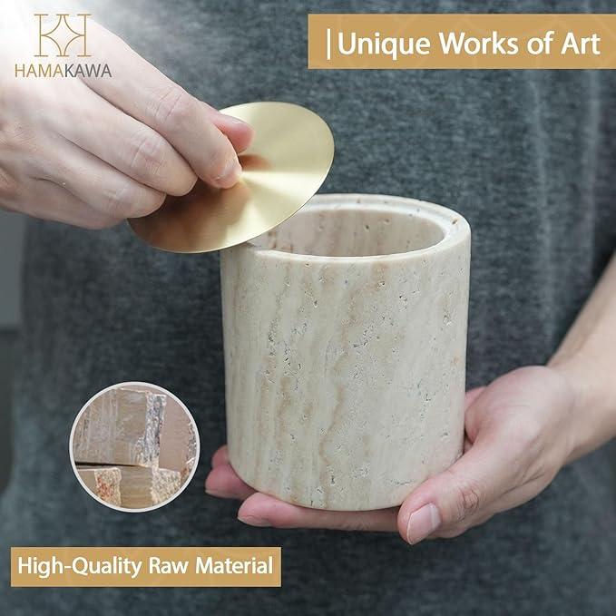 HAMAKAWA Nartural Marble Qtip Holder with Brass Lid, Beige Travertine Cotton Swab Jar, Modern Round Canister, Small Apothecary Storage Jars for Bathroom, Bedroom, Vanity, Kitchen Cabinet - ModernBath