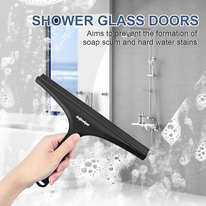 Anjinwiper All-Purpose Shower Squeegee for Glass Doors with Hook, Silicone Squeegee for Shower Glass, Shower Doors, Windows, Bathroom, Mirrors and Tiles（10 inch, Black） - ModernBath