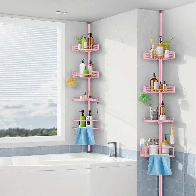 HAMITOR Corner Shower Caddy Tension Pole: Quick Installation 4-Tier Rustproof Bathroom Organizer Shelves for Bathtub Shampoo Storage - 47-121 inch Adjustable Floor Standing Bath Rack Holder - Pink - ModernBath