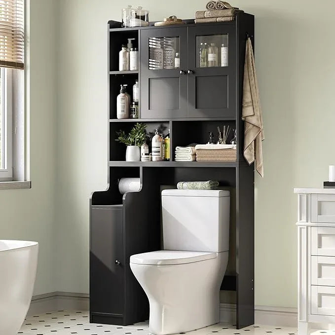 Itaar Over The Toilet Storage Cabinet, Over Toilet Bathroom Organizer with Glass Doors & Toilet Paper Holder Stand, Home Space-Saving Toilet Rack, for Bathroom, Restroom, Laundry(Black) - ModernBath
