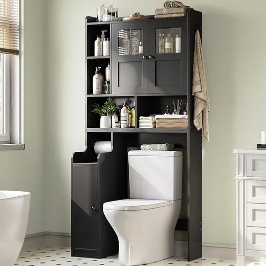 Itaar Over The Toilet Storage Cabinet, Over Toilet Bathroom Organizer with Glass Doors & Toilet Paper Holder Stand, Home Space-Saving Toilet Rack, for Bathroom, Restroom, Laundry(Black) - ModernBath