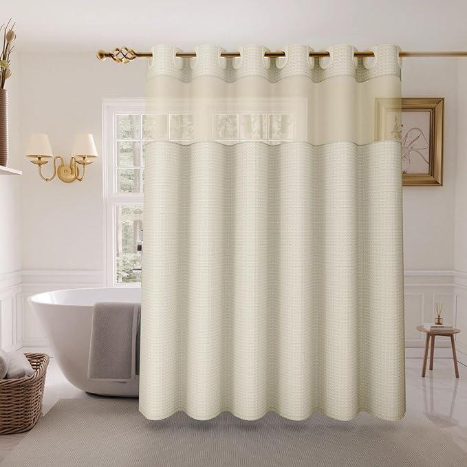 Inhousolu Long No Hook Shower Curtain with Snap in Fabric Liner Set Waffle Weave 230GSM Weighted Hem, Waterproof & Washable Bathroom Curtain Spa Luxury with Mesh Top Window 72" W x 78" L Ivory - ModernBath