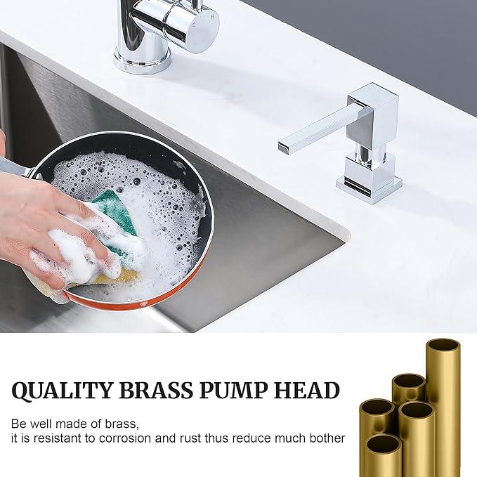 Sink Soap Dispenser for Kitchen Sink (Chrome), All Brass Built-in and Refill from Top Design,Metal Hand Soap & Dish Soap Copper Pump - ModernBath