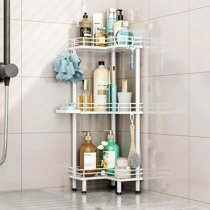 HapiRm Corner Shower Caddy Standing - 3 Tier Shower Organizer Corner with Soap Holder, Rustproof Bathroom Standing Organizer with 4 Hooks, White - ModernBath