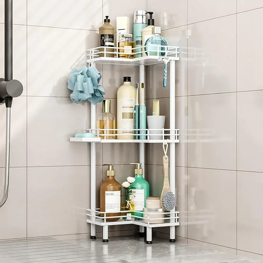 HapiRm Corner Shower Caddy Standing - 3 Tier Shower Organizer Corner with Soap Holder, Rustproof Bathroom Standing Organizer with 4 Hooks, White - ModernBath