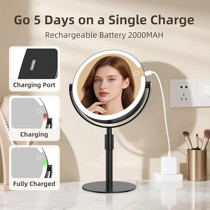FRANO Makeup Mirror with Lights, 8" Double Sided 1x/10x Magnifying Vanity Mirror with 3 Color Lights, Rechargeable, 360° Rotation and Adjustable Height, Gift for Women Her - ModernBath