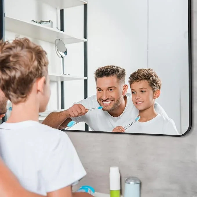 CIVENO Bathroom Mirror, 40 x 36 inch Black Rectangle Wall Mirror, Metal Frame Rectangular Vanity Mirror, Rounded Corner Wall Mounted Mirror for Modern Bedroom Living Room Hangs Horizontal/Vertical - ModernBath