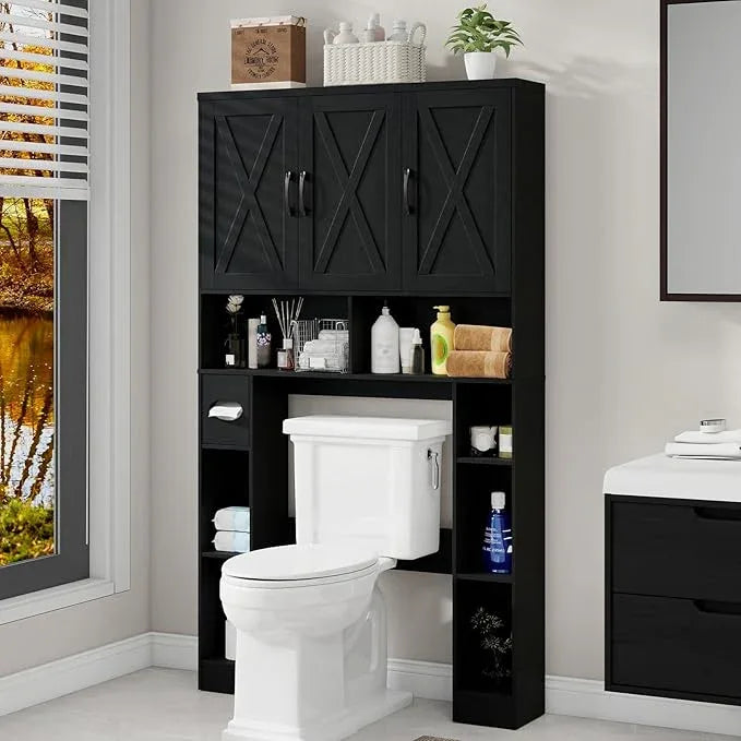 Over The Toilet Storage Cabinet, Farmhouse Toilet Cabinet Rack with 3 Barn Doors, Space Saving Bathroom Organizer with Shelves, Toilet Paper Holder and Towel Rack for Bathroom,Restroom,Laundry, Black. - ModernBath