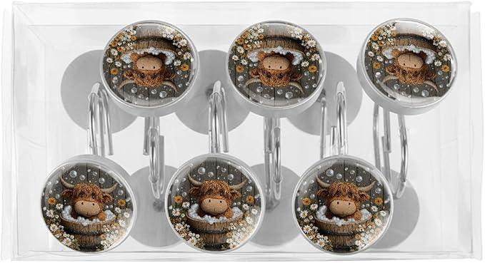 Rural Farmhouse Bathing Highland Cow Shower Curtain Hooks, 12Pcs Decorative Rust Resistant Shower Rings for Shower Curtain Rods, Stainless Steel Round Curtain Hooks for Bathroom, Bedroom - ModernBath